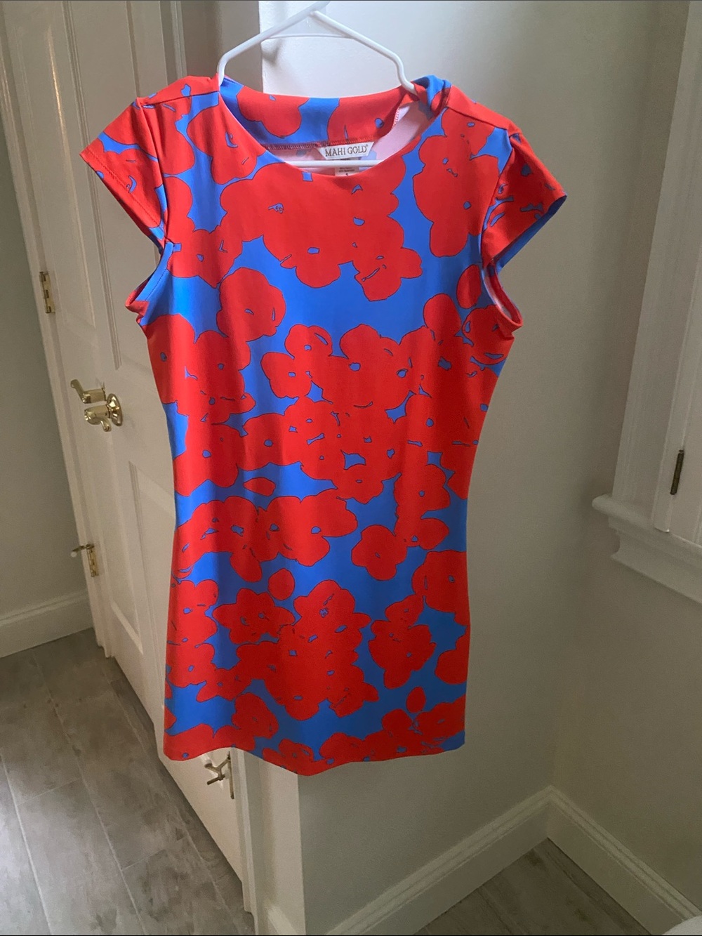 MAHI GOLD Bright Red Floral Shift on Blue